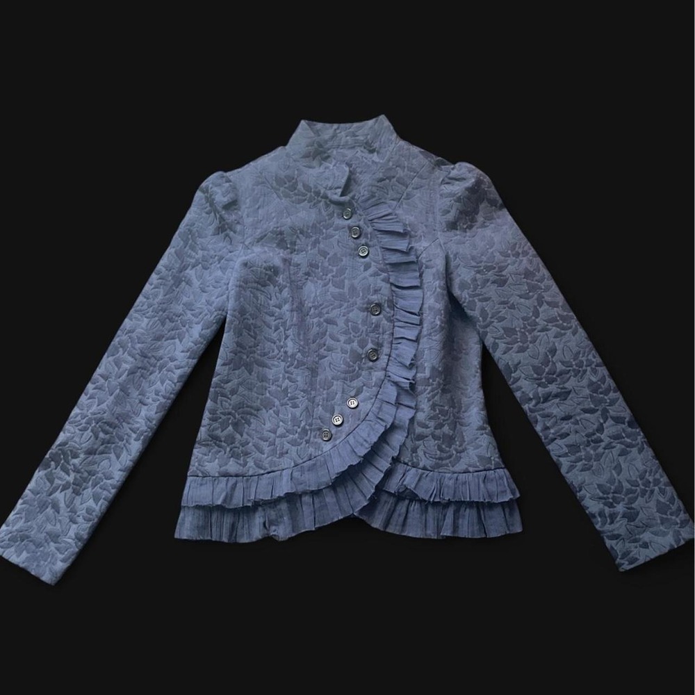 Gorgeous Lucca Couture Navy blue ruffled flower detail jacket asymmetrical front